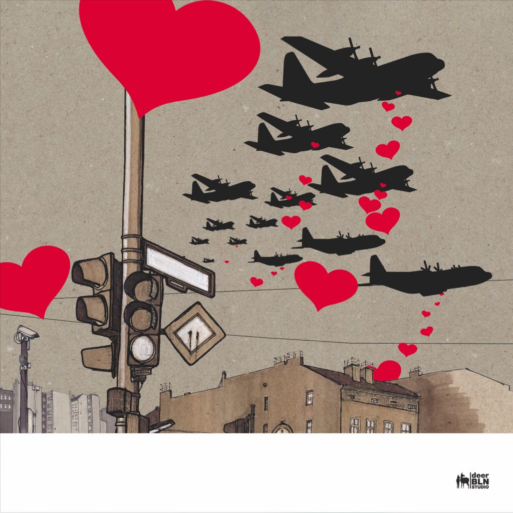 „Drop Love Not Bombs“ – Der Lovebomber von deerBLN, eines der zentralen Motive seit den 2000er-Jahren, Foto: Christian Rothenhagen